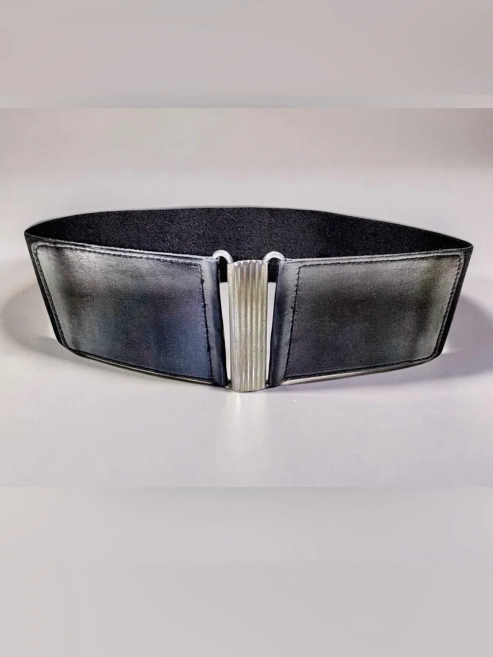 Iris Setlakwe Wide Waist Belt | Black Leather | Elastic | Silver Clasp | Size 4